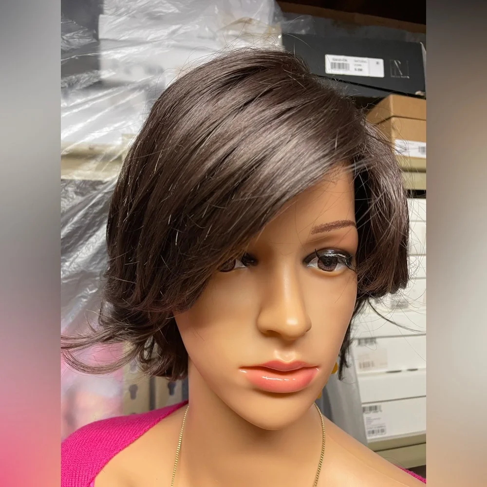 NWT dark brown wig deep side part medium brunette wavy natural real short hair